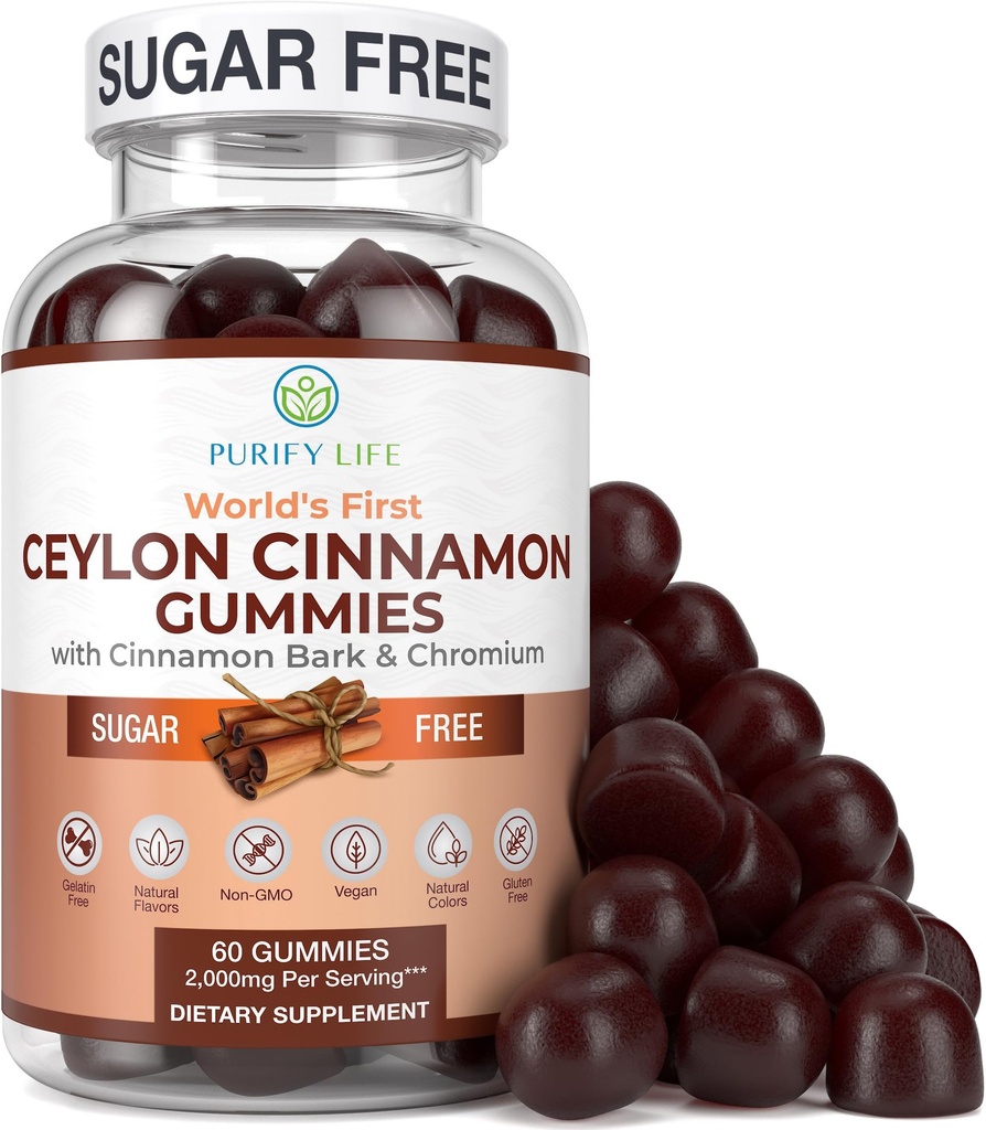 Sugar-Free Ceylon Cinnamon Gummies (2 000 mg / servering) Ceylon Cinnamon Supplement för hjärnhälsa, Vegan, Gluten-Free, Byt Ceylon Cinnamon Capsules, Pills, Powder, Extract (60 Chews)