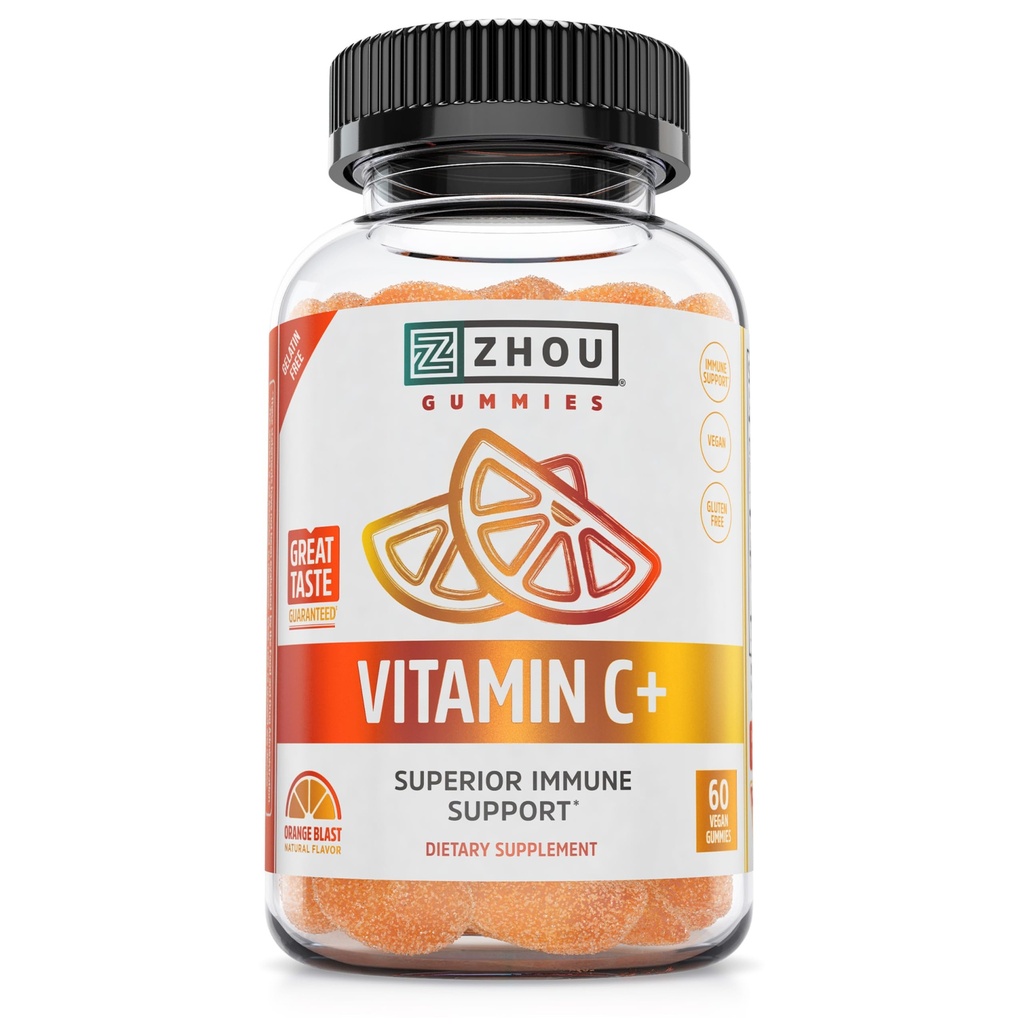 Zhou Vitamin C + Gummies - Vitamin C Gummies för vuxna och barn, 270 mg per Gummy med Bioflavinoids och Acerola för immunstöd - 60 Vegan Gummies