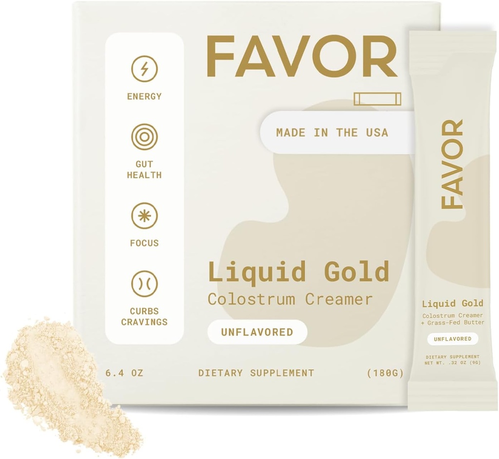 FAVOR Bovine Colostrum Creamer | Grass Fed Cows | Pulverpaket för kaffe | MCT Oil | Liquid Gold Whole Colostrum | Keto Friendly Superfood | Made With Butter | Concious Human Health [Unflavored]