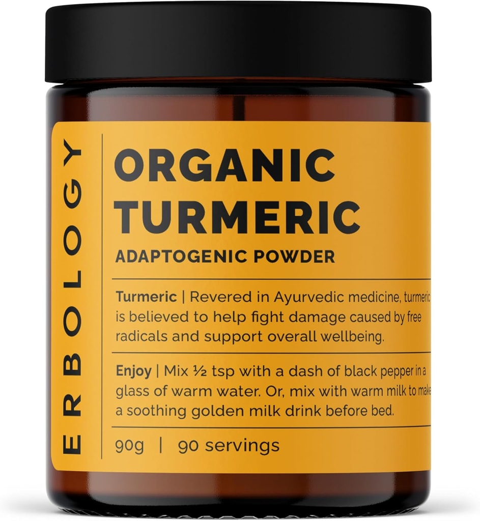 Erbologi organisk gurkmeja pulver 3,2 oz - 90 portioner - 5,5% Curcumin - Inga tillsatser eller konserveringsmedel - Hållbart källade rakt från gården i Indien - Vegan - GMO-Free