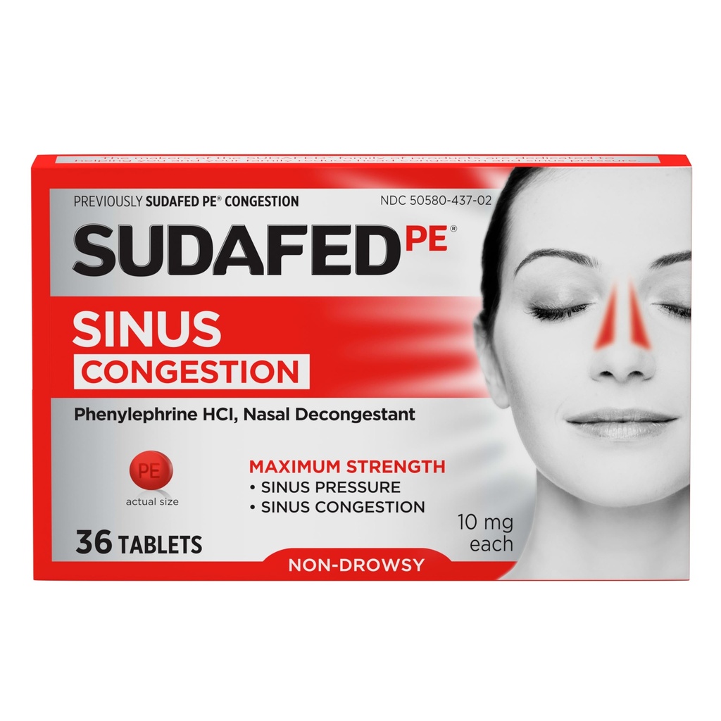 Sudafed PE Sinus Congestion Relief Tablets, Maximum Strength, Non-Drowsy 10 mg Phenylephrine HCI Decongestant för Sinus Pressure & Nasal Congestion Relief, på grund av kalla eller allergier, 36 ct