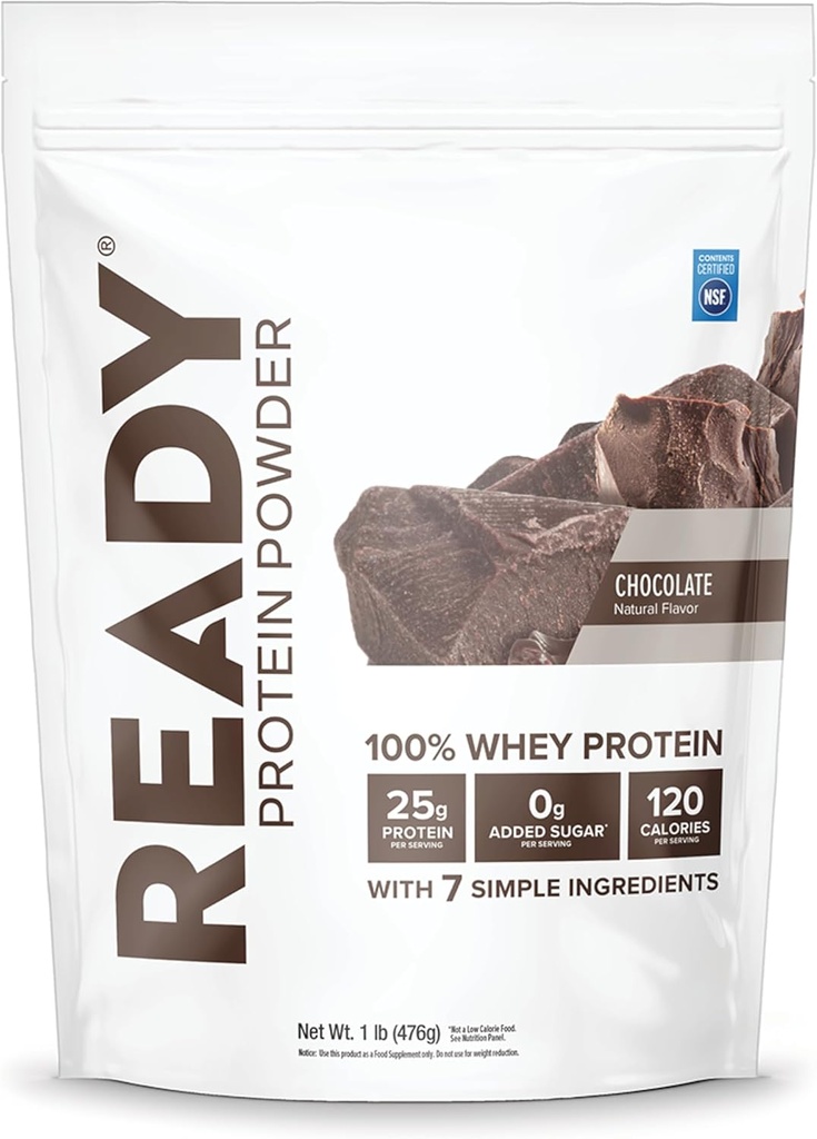 Ready® Protein Powder – 25g Whey Protein, 120 Calories, 0g Added Sugar – 7 Simple Ingredients – No Artificial Additives – Gluten-Free, Clean & Natural – Chocolate (1 Pound Bag)