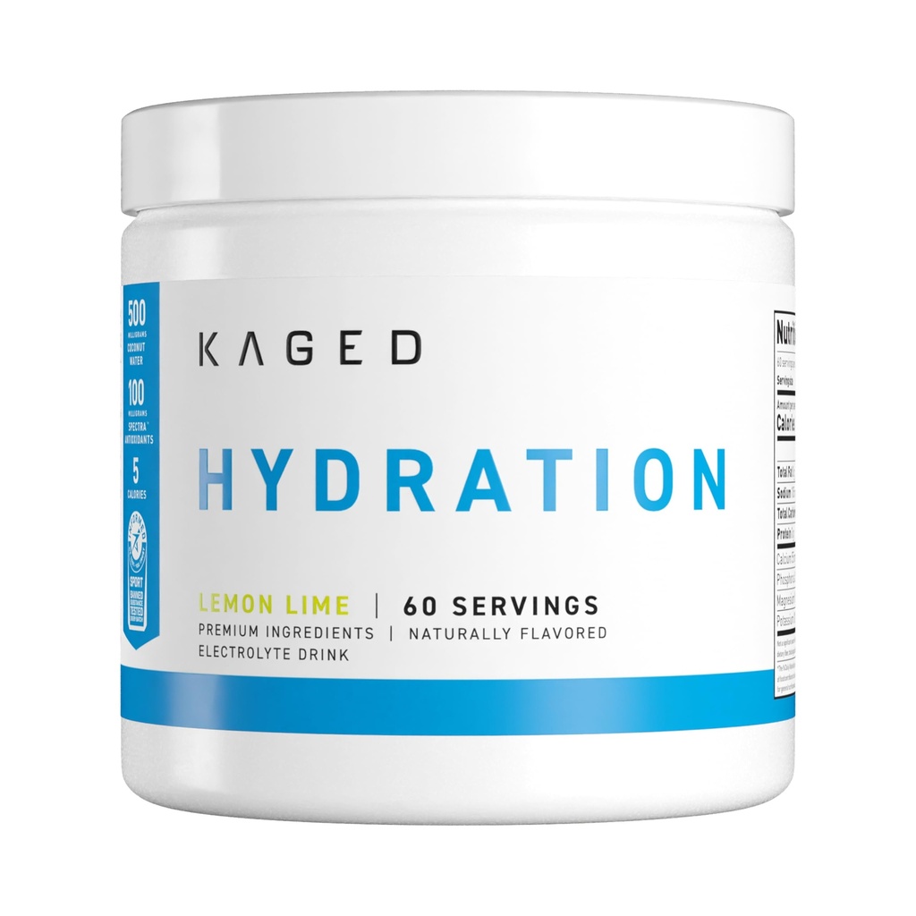 Kaged Hydration Electrolytes Powder | Lemon Lime | Hydra-Charge Sports Drink Mix | Pre, Post, Intra Workout | Low Carb, Vegan, Gluten Free | Kosttillskott för män och kvinnor | 60 portioner