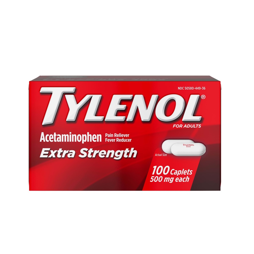 Tylenol Extra Strength Pain Relief Pills, Acetaminophen 500mg Caplets, Pain Reliever och Fever Reducer Medicine för Headache, Backache, Toothache & Minor Arthritis, 100 Count Bottle
