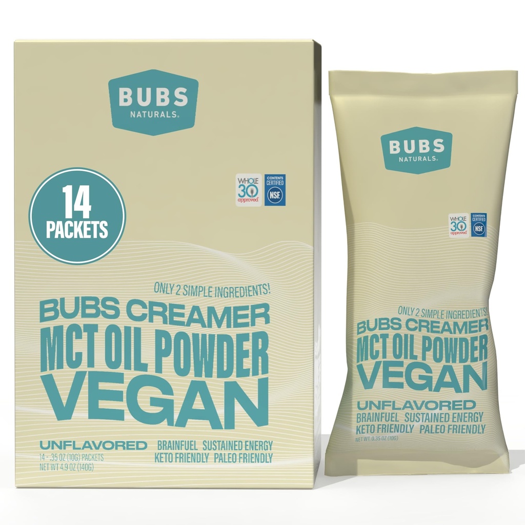 BUBS Naturals MCT Oil Powder Packets - Medium Chain Triglycerides - Keto Vegan & Paleo Friendly - Healthy Coconut Fats + Low Carb - Dairy-Free Energy Source - inkluderar 14 resepaket