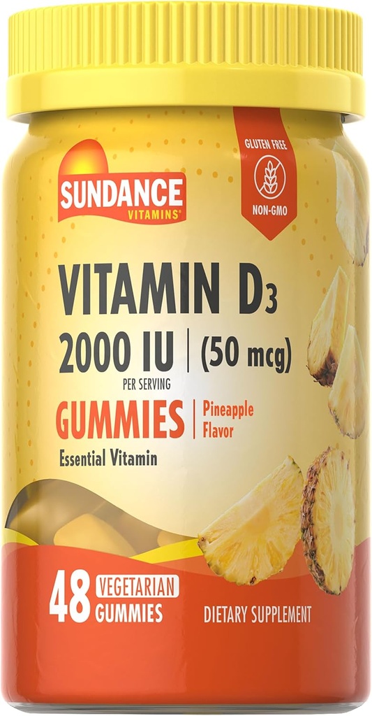 Sundance Vitamin D3 Gummies | 2000 IE | 48 greve | Pineapple Flavor | Vegetarian, icke-GMO och Gluten fri tillägg