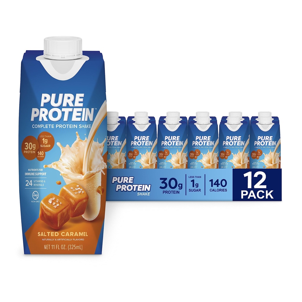 Rent protein saltad karamell skaka, redo att dricka och Keto-vänligt, vitamin A, C, D och E Plus Zink för att stödja immunhälsa, 11 Oz, 12 greve