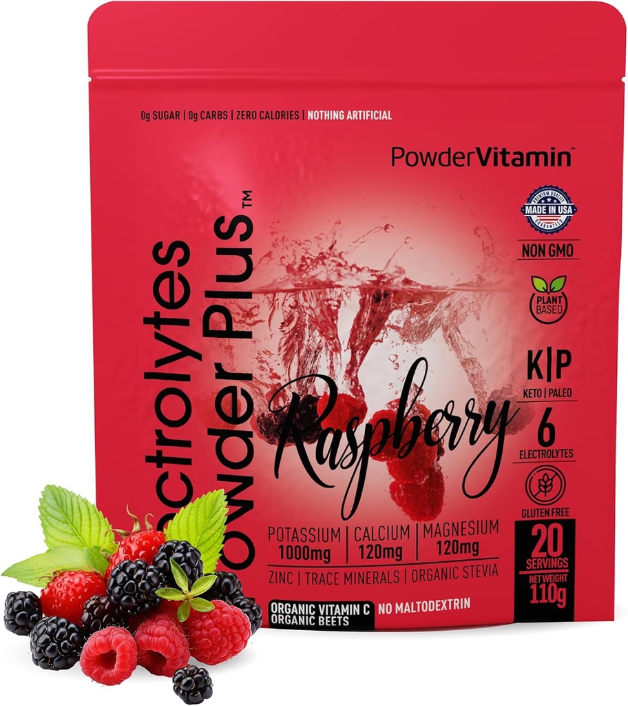 PowderVitamin Electrolytes Powder Plus (20 portioner) Raspberry Electrolyte Powder Zero Calorie Keto,0 Sugar, No Maltodextrin,1000mg Potassium,120mg Calcium,120mg Magnesium, Rosa Himalaya Salt