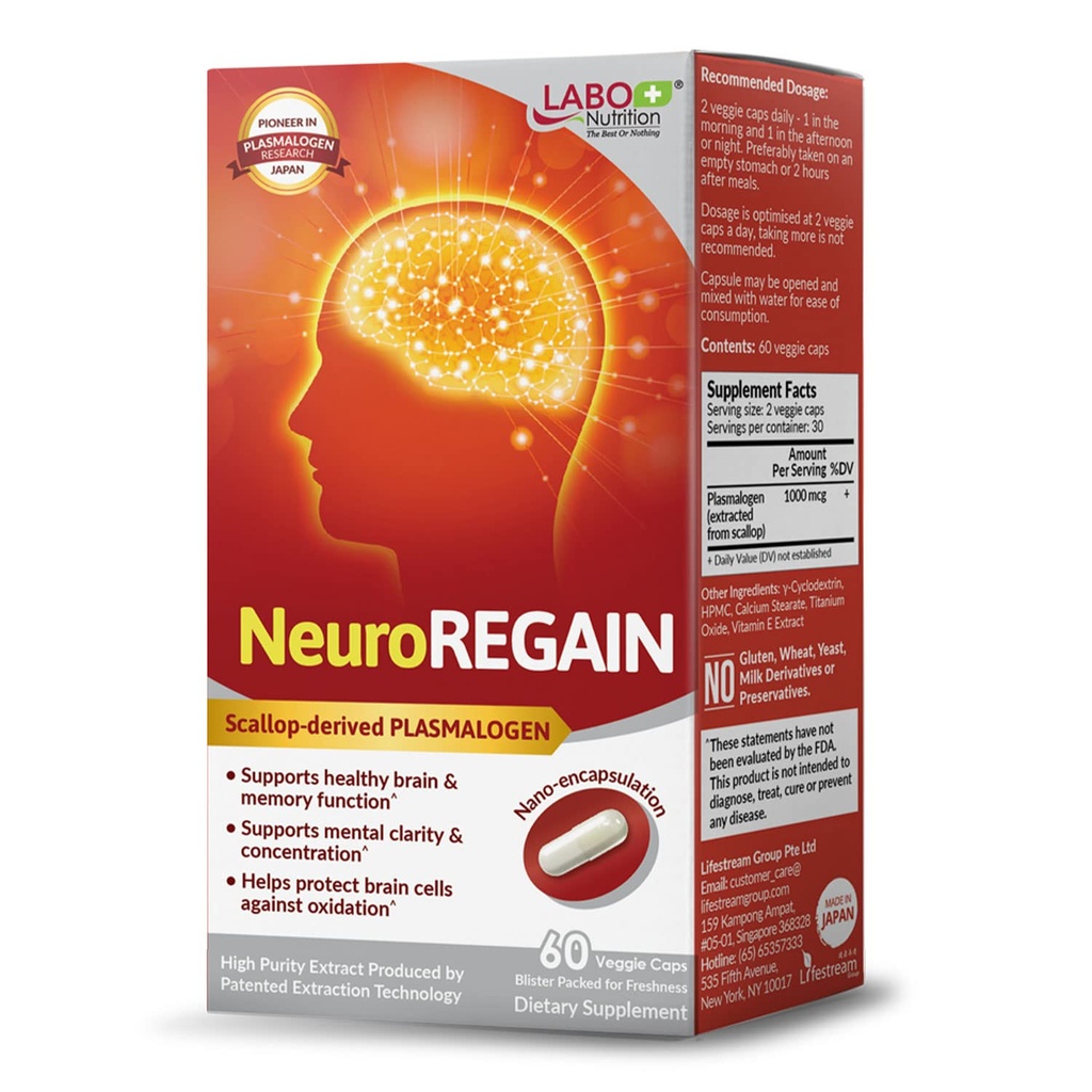 LABO Nutrition NeuroREGAIN - Scallop-härledd PLASMALOGEN för hjärnförsämring, minne, varning, lärande, koncentration och andra kognitiva funktioner - Lämplig för seniorer, vuxna män och kvinnor