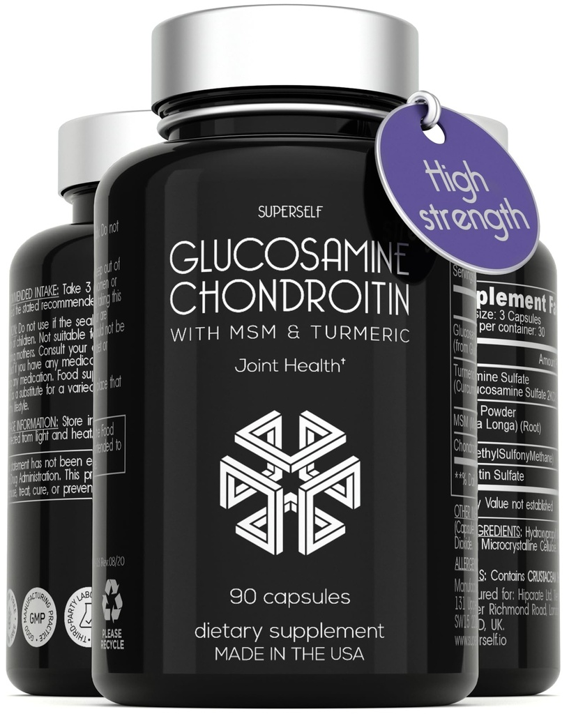 Glukosamin Chondroitin MSM med gurkmeja - Hög styrka gemensamt stöd tillskott för vuxna män och kvinnor - 90 kapslar - 1500 mg glukosaminsulfat per portion