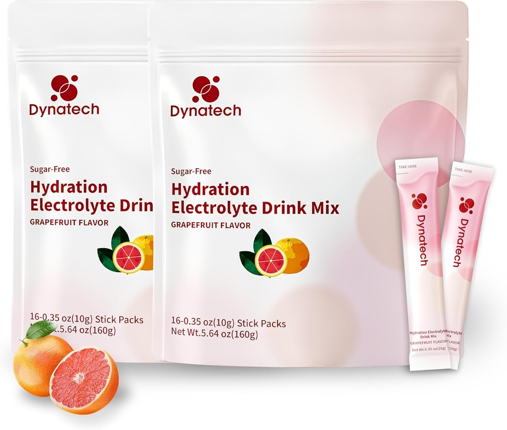 Dynatech Zero Sugar Electrolyte Drink Mix - Grapefrukt - Hydration Powder Packets med 10 Electrolytes & Vitaminer | Non-GMO, Gluten Free, Vegan Electrolytes Powder Packets | 32 portioner