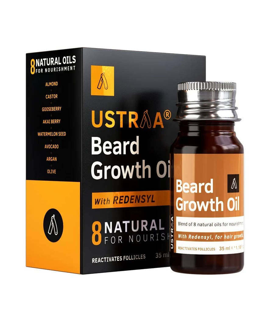 USTRAA Beard Growth Oil - 1.18 Oz - Mer skäggtillväxt, med Redensyl, 8 naturliga oljor inklusive Jojoba Oil, Vitamin E, näring och förstärkning, inga skadliga kemikalier