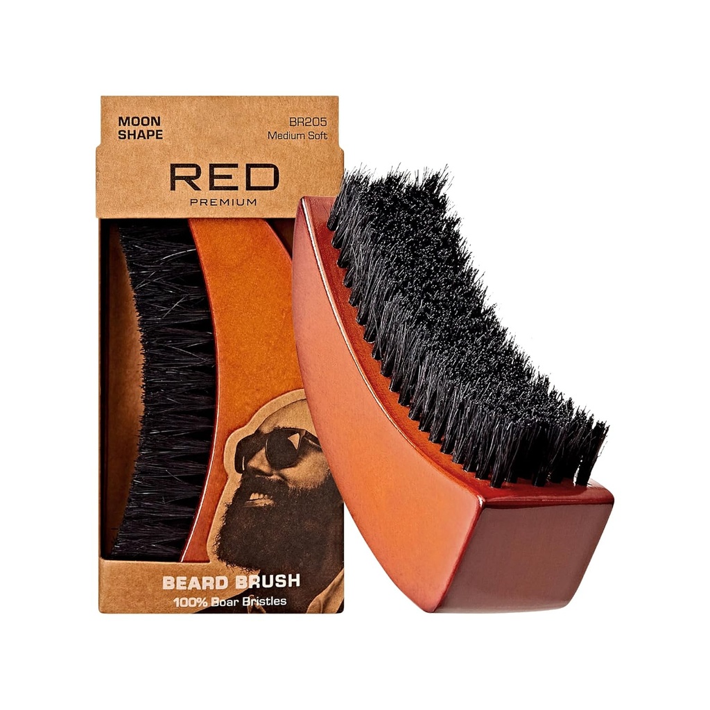 RED av Kiss Beard Brush med 100% naturlig Boar Bristles för män, Premium Wooden Brush, Beards Mustaches Grooming Shaving Comb, Tame och Soften Facial Hair (MOON SHAPE)