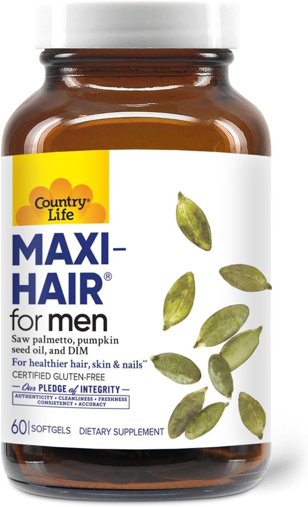 Country Life Maxi-Hair för män - 2000mcg Biotin, Saw Palmetto, Pumpkin Seed Oil, DIM, Potassium, Magnesium, Calcium & Zink Blend - Stöder Hälsosammare hår, Scalp, Skin & Nails, 60 Vegan Capsules