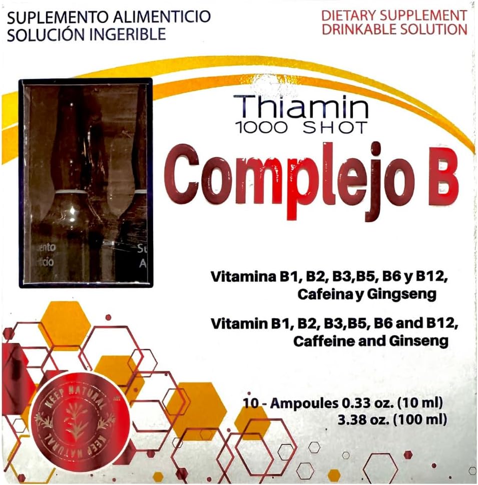 B Complex, Complejo B 1000 Shot | Multi-Vitaminer, koffein och Ginseng | Box med 10 Ampoules av 10ml | Energi, kognitiv funktion och metabolisk hälsa Boost.