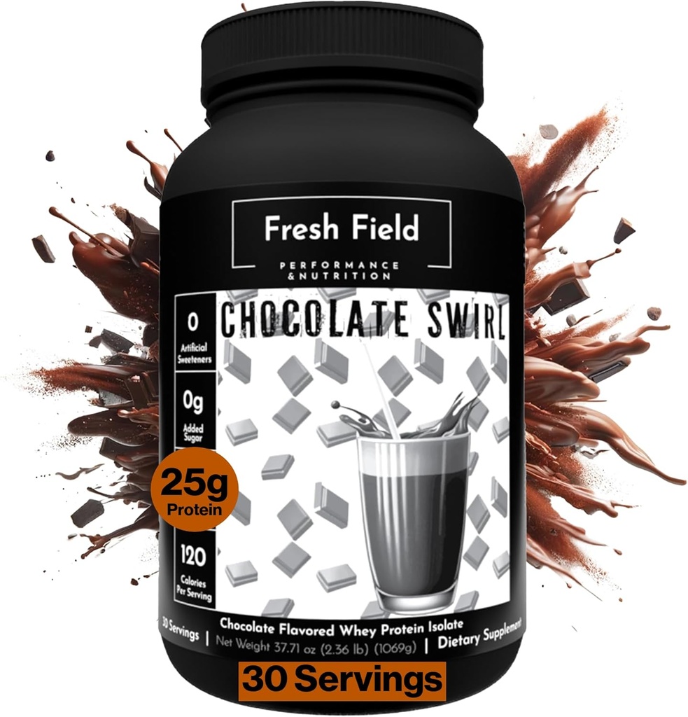 Fresh Field Chocolate Protein Powder - 25g Whey Protein Isolate, Gluten-Free & Soy-Free, Sugar-Free, 30 Servings - Natural Whey Protein Powder för träning Fitness & Nutrition Shakes - 2,36 lb