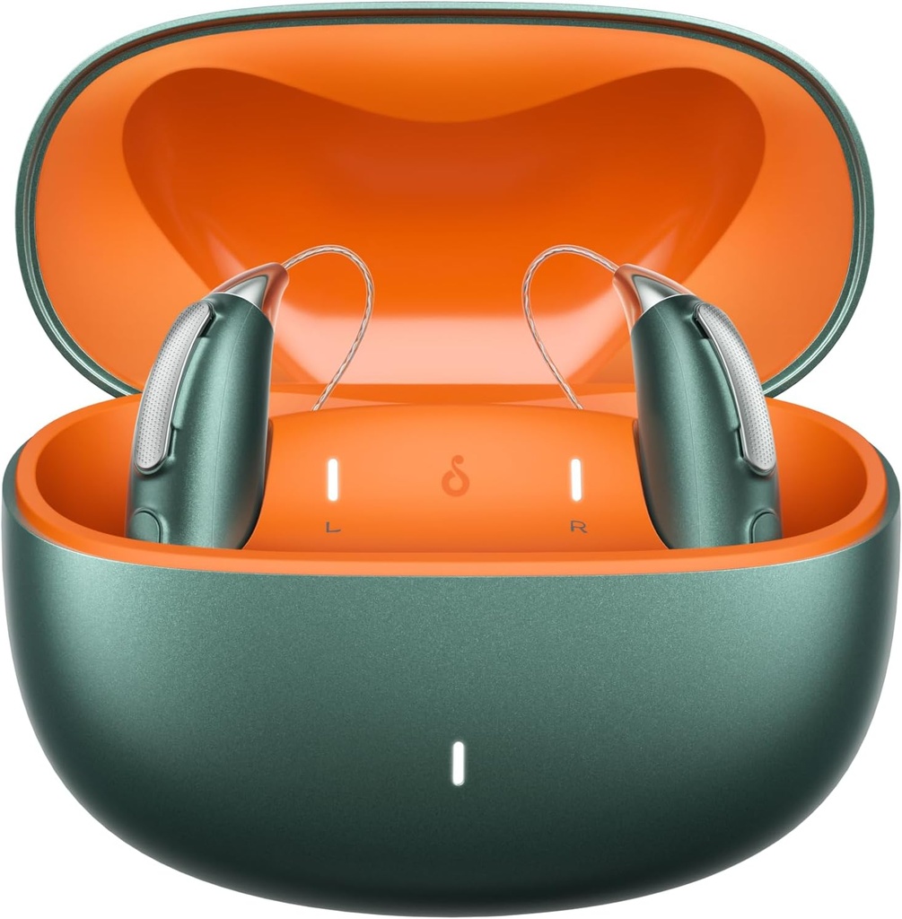 Rechargeable Bluetooth Hearing Aids for Mild to Severe Hearing Loss - OTC - Smart Fitting - RIC (Receiver-in-Canal) Design med bullerreducering - Inkluderar laddningslåda, grön
