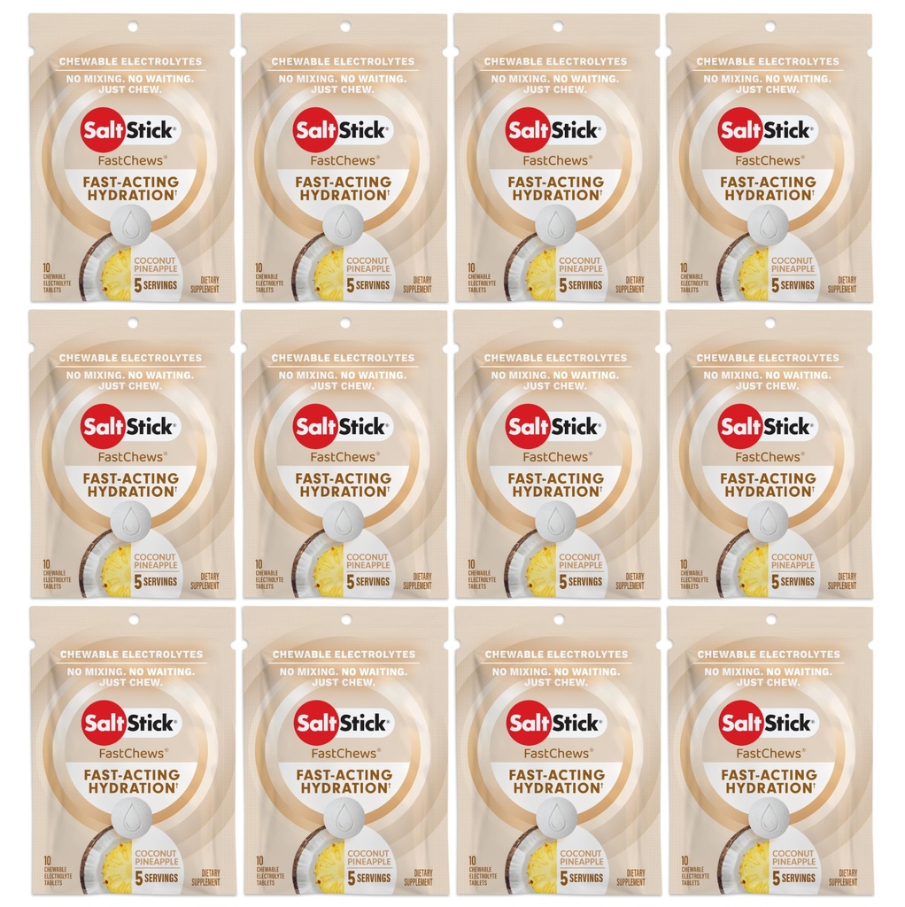 SaltStick Electrolyte FastChews - 120 Count Coconut Pineapple Flavor - Electrolyte Tablets för Hydration, Salt Tabs - 10 Count (Pack of 12)