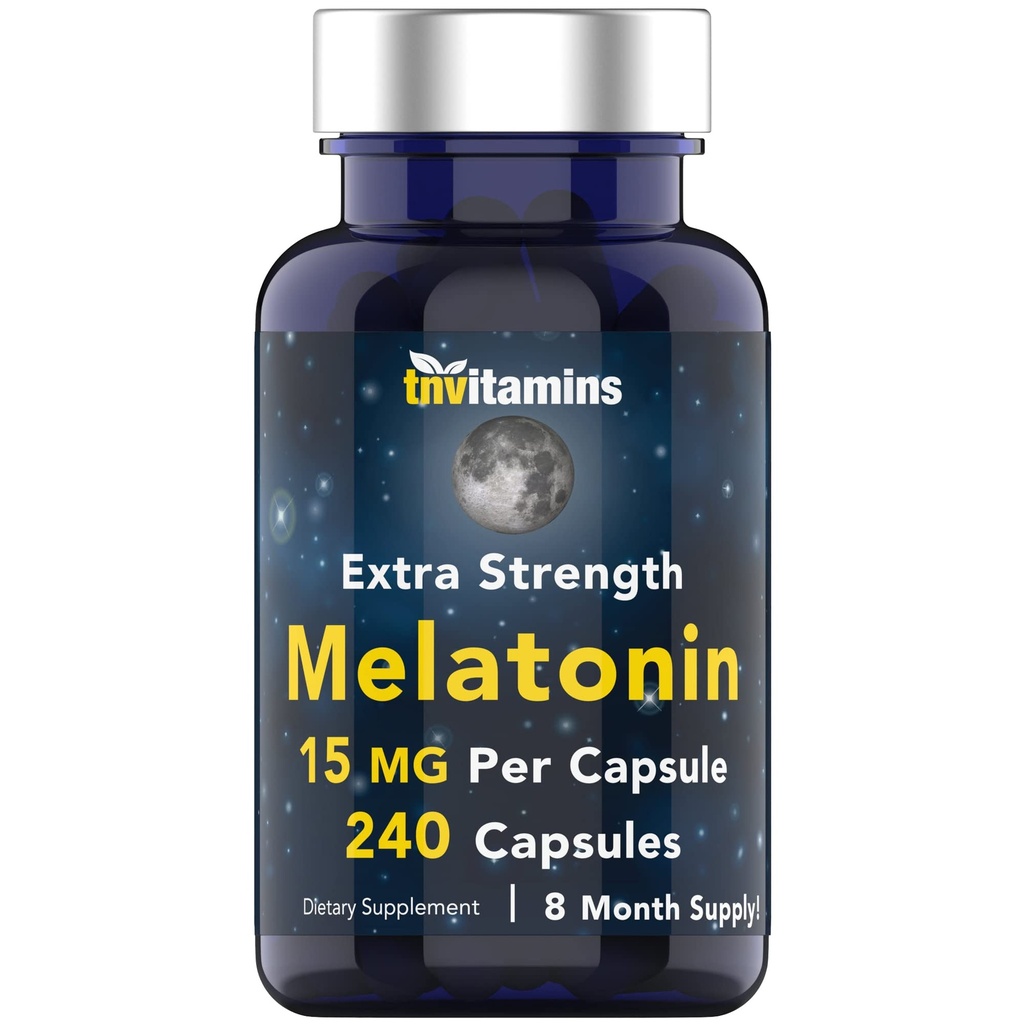 Tnvitamins Melatonin 15 MG Per Capsule (240 kapslar) | All-naturliga sömnpiller för vuxna | Extra Styrka Melatonin | Nattsömnhjälp | Natursömnstöd