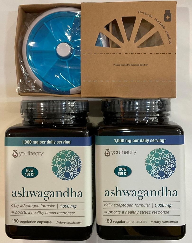 Youtheory Ashwagandha 1000mg med KSM-66 - Hjälper till att stödja ett hälsosamt stressrespons,180 kapslar (Pack of 2) och Pill Orgnizer Bundles