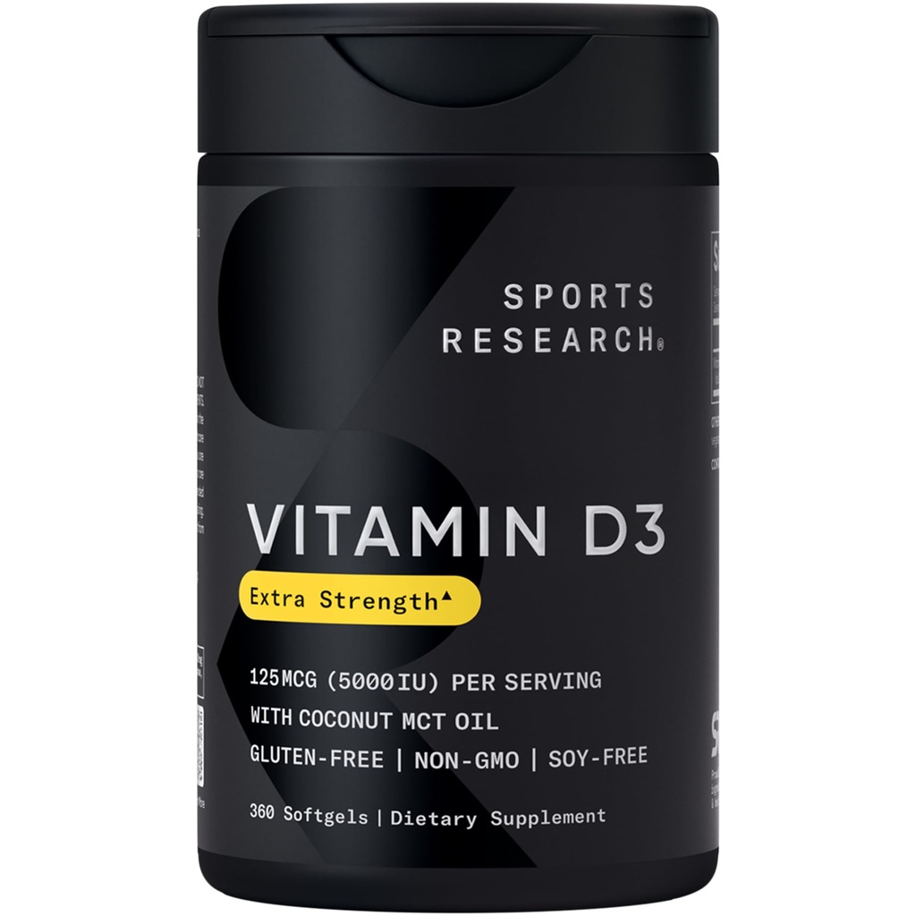 Sports Research® Vitamin D3 w/Coconut MCT Oil - High Potency Vitamin D3 5000iu (125mcg) Supplement för Immune & Bone Support - Seed Oil Free - Non-GMO - Gluten Free (360 Liquid Softgels)