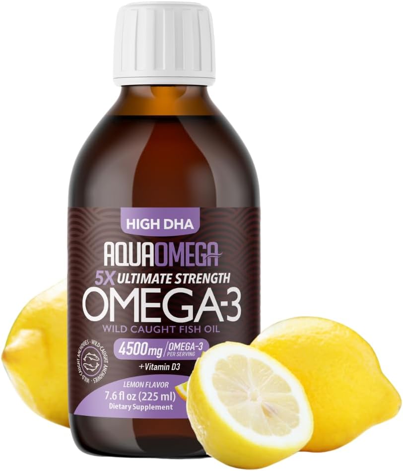 5X Ultimate Strength Omega 3 Fish Oil Liquid, Fish Oil Supplements with High DHA and EPA Omega3 Fatty Acids, High Potency Omega 3 med vitamin D, 7,60 floz, Lemon Flavor