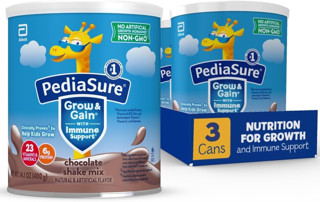 PediaSure Grow & Gain med Immune Support Shake Mix Powder, 23 Vitaminer & Mineraler, 6g Protein, Non-GMO, Gluten-Free, Chocolate, 14.1 oz Can, Pack med 3-24 portioner