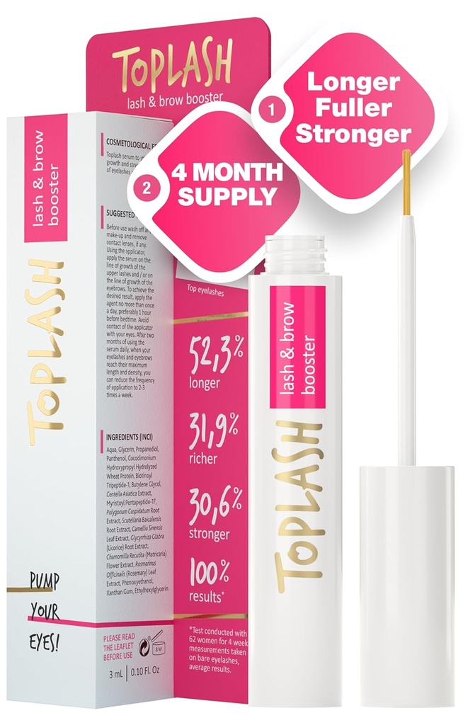 TOPLASH Eyelash Growth Serum - Innovative Formula for Longer, Thicker, Fuller Brows & Lashes - Natural, Cruelty-Free & Hypoallergenic - 0.10 fl.oz.