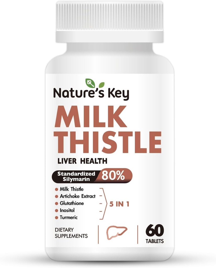 Naturens Key Milk Thistle 500mg Liver Supplement,30:1 Extra Strength 80% Silymarin | 5-i-1 Liver Cleanse Detox & Repair Formel med Artichoke, Glutathione, Inositol & Turmeric-60 tabletter