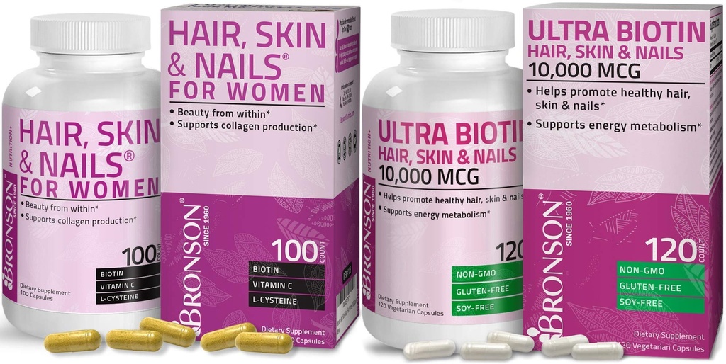 Bronson Hair, Skin & Nails med Biotin Extra Strength Vitamin Supplement för kvinnor + Ultra Biotin 10 000 Mcg