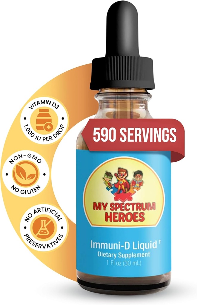 Min Spectrum Heroes - Immuni-D Liquid Vitamin D3 Supplement, 1000 IE Per Servering, Gluten-Free, Tasteless Vitamin Liquid, Aids in Mineral Absorption for Kids & Adult - 1 FI oz (30 ml)