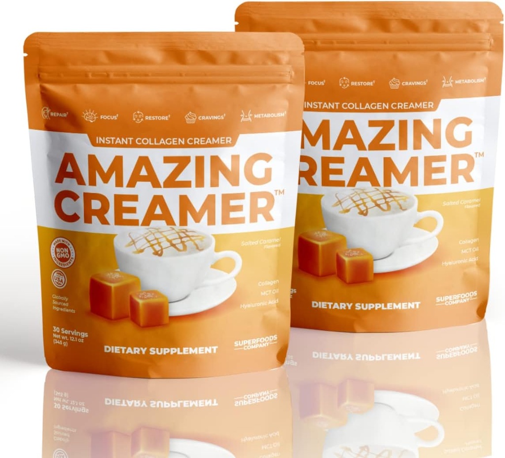Superfoods Company Amazing Creamer med Collagen - Keto Creamer-Hyaluronic Acid & MCT Oil - Brain Boost & Curbs Cravings - Stöder Hälsosam hud och hår - Diet-Friendly [60 portioner] [Salted Caramel]