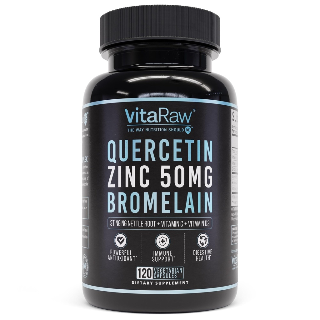 VitaRaw Quercetin with Bromelain 500mg Capsules, Supports Immune Response, Joint Comfort, & Overall Wellness - Vitamin C, Zinc 50mg, & Vitamin D3 5000 IU - Immunity Health Pills