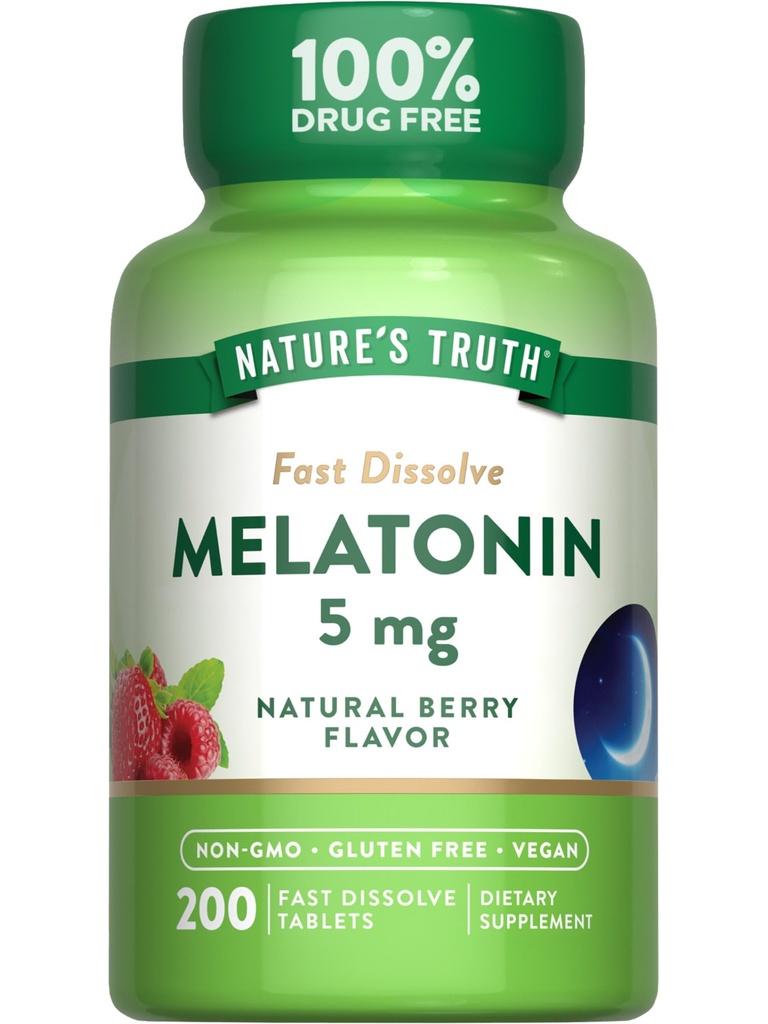 Naturens Sanning Melatonin 5mg Snabbupplösta tabletter | 200 greve | Naturbär smak | Vegan, icke-GMO & Gluten fri tillägg