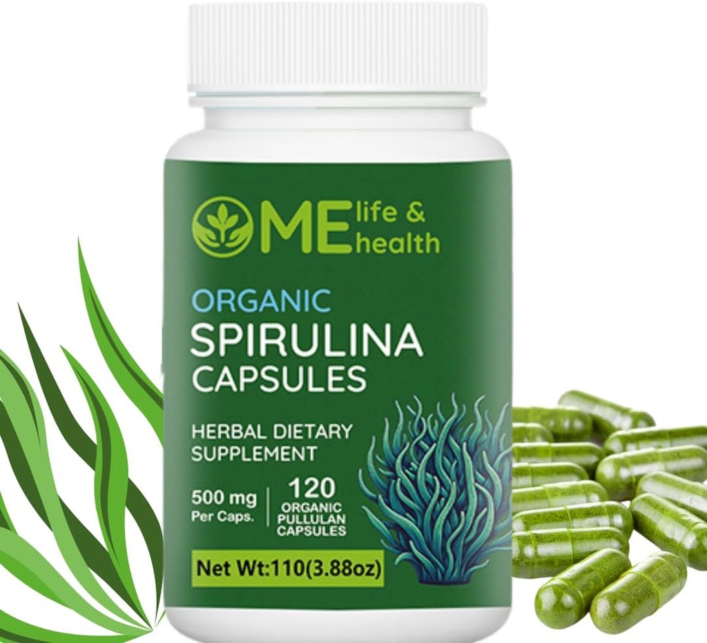 ME LIFE & HEALTH Spirulina Capsules, 100% organisk spirulina Powder (120 ct) 500mg Rich i protein, vitamin A, B12 Antioxidanter & vitaminer, Vegan, naturlig och ren spirulina Non-GMO & Gluten Free