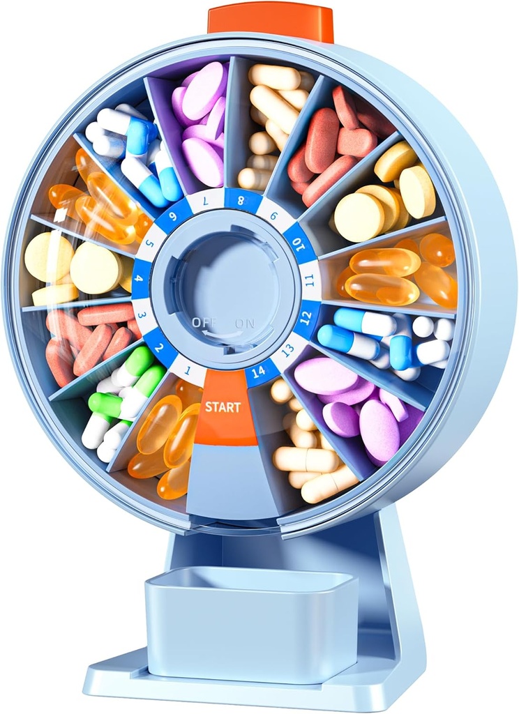 Zoksi Large Pill Organizer, Daily Pill Box för 7 eller 14 dagar, Wall-Mountable Pill Dispenser Hold for Medicine, Vitamin eller Supplements, Weekly Pill Case med Easy Press Button (Blue)