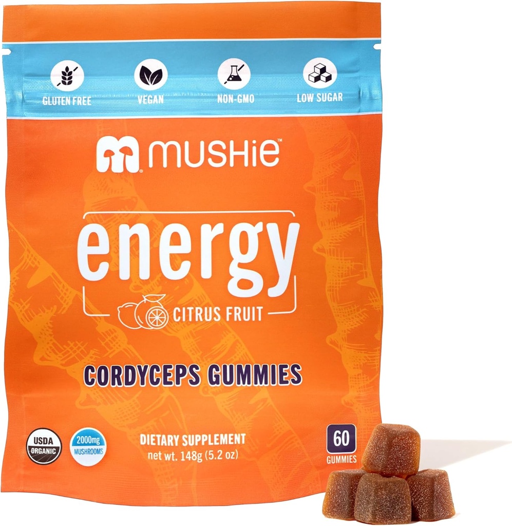 Mushie 100% Organic Cordyceps Mushroom Gummies - 2000mg Cordyceps Militaris Nootropic for Energy & Immune Support with Vitamin D - Vegan, Gluten-Free - 60 Count