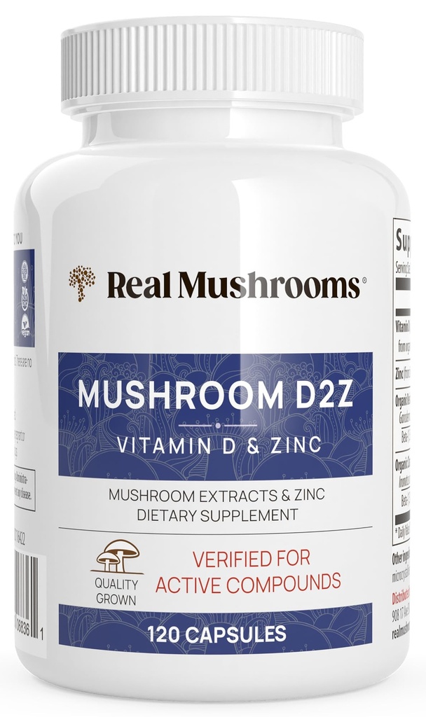 Real Mushrooms Zink och Vitamin D2 Capsules - med organisk Chaga och Reishi Mushroom Extracts - Vitaminer för övergripande Wellness Support - Vegan, Non-GMO, Gluten-Free - 120 Count Mushroom Supplement