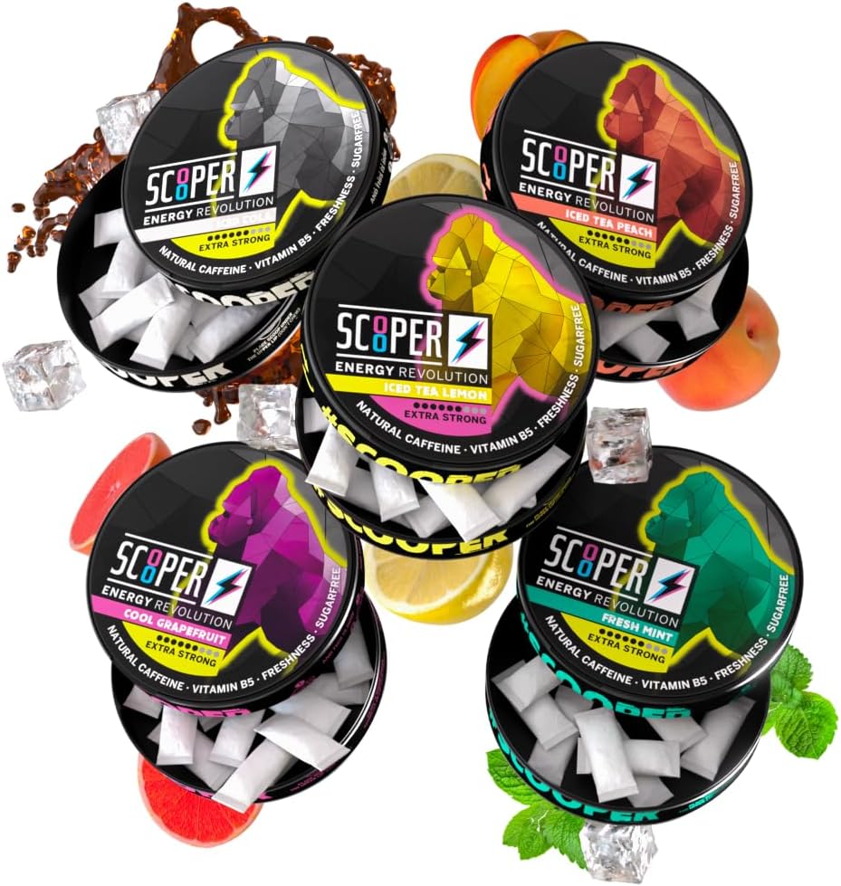 Scooper Energy I 5 burkar jag All-in-One-Box I Energy Pouches Sugarfree I 80 mg Natural Caffeine All Flavour Pack I 12 påsar jag Cool Grapefruit, Fresh Mint, Iced Cola, Iced Peach & Lemon Tea