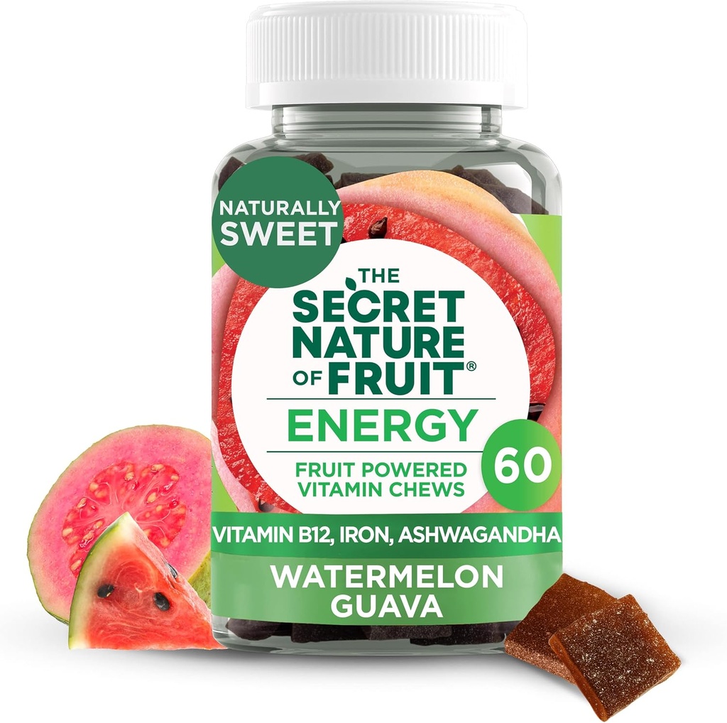 The Secret Nature of Fruit Energy Chews, Real Fruit Powered Vitamin Chews med vitamin B12, järn, Ashwagandha, Watermelon & Guava för långvarig energi (60 greve), rosa