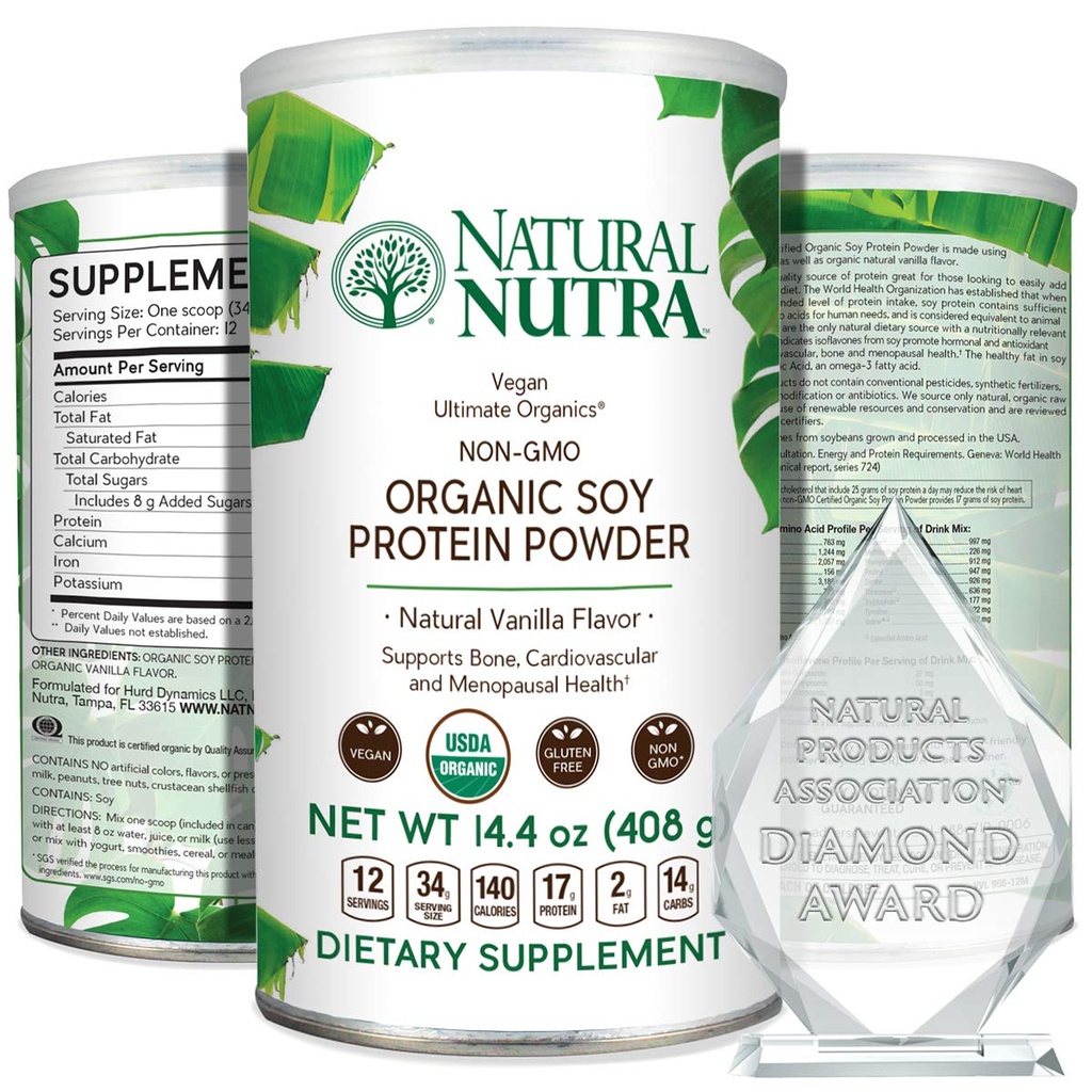 Natural Nutra Organic Vegan Plant Based Soy Protein Source Powder, Support Midlife Transition, Stöder Ben och Förbättrar Cardiovascular Health, Gluten Free, Non GMO, Sugar-Free 14.4 OZ.