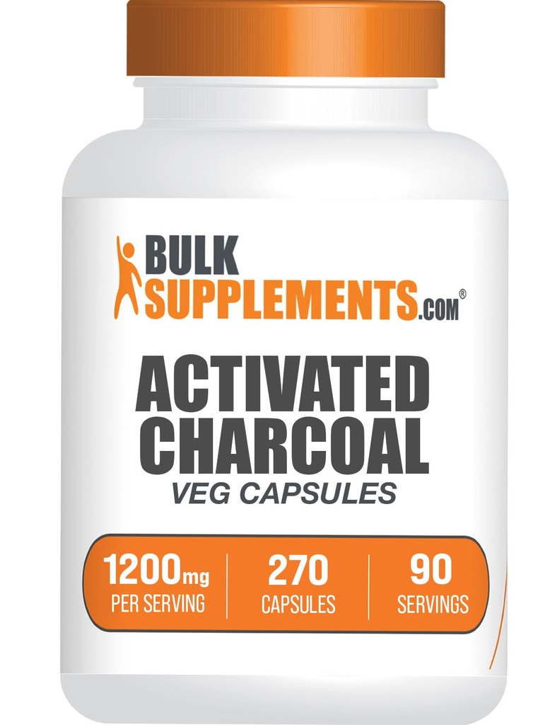 BulkSupplements.com aktiverade kolkapslar - Coconut Charcoal, aktivt kol för njurstöd, aktiverade kolpiller - Vegan, 3 kapslar per portion (1200mg), 270 Veg kapslar