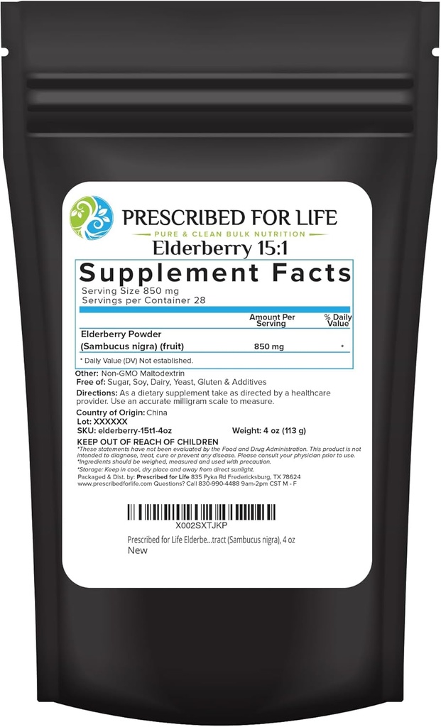 Förskriven för liv Elderberry Powder, Powdered Elderberry för vuxna, högt vitamin C-innehåll, full av kostfiber och antioxidanter, Vegan, Gluten Free, Non GMO (4oz / 113g)