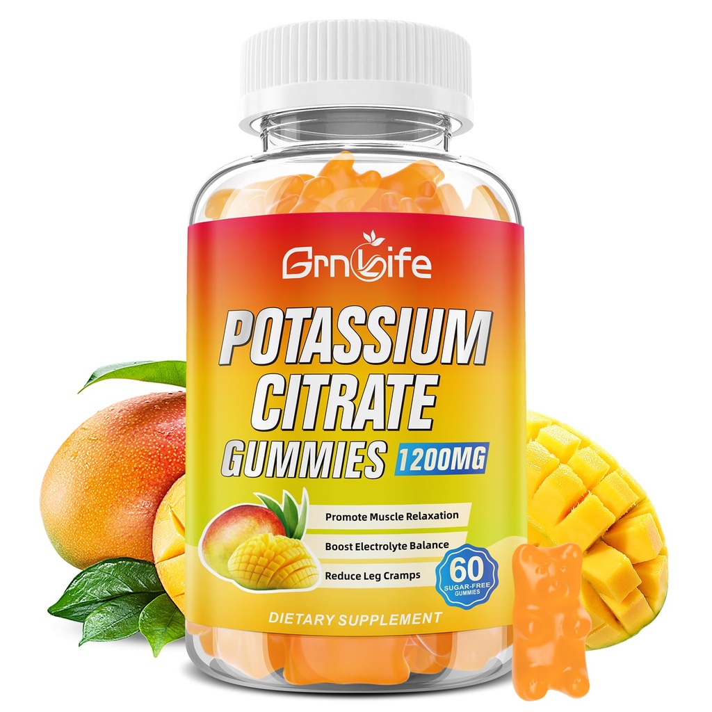 Kalium Citrate Gummies, High Potassium Supplement Gummies 1200mg för vuxna och barn, Support Leg Cramps & Muscle Health, Vegan, Mango Flavor 60 Count