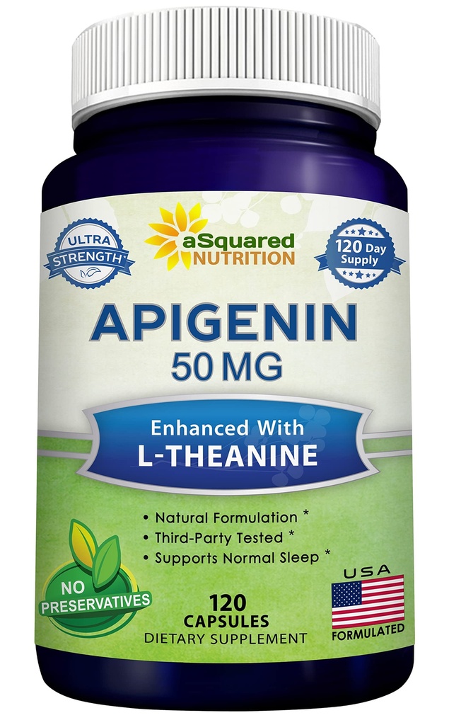 aSquared Nutrition Apigenin 50mg & L-Theanine 200mg - 120 kapslar - Apigenin Supplement Pills for Sleep and Relaxation - Natural Bioflavonoid Extract Finns i Chamomile Tea