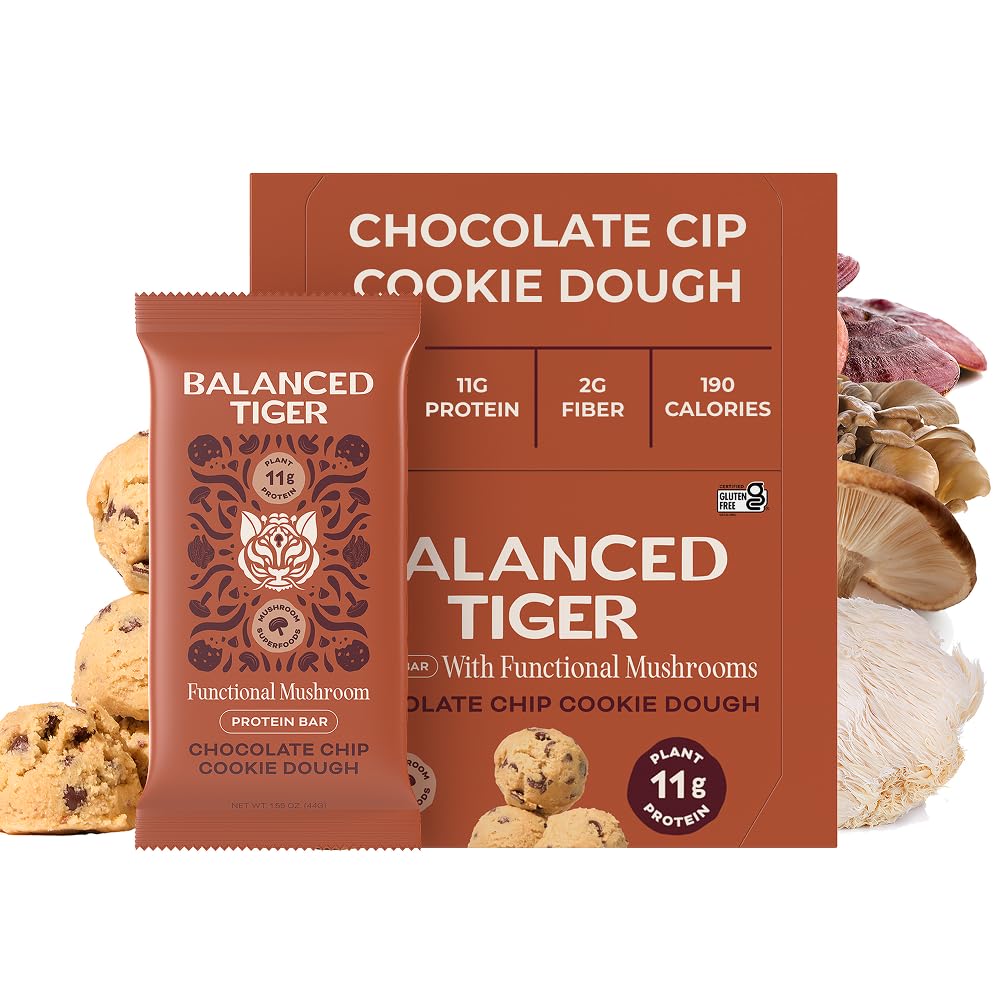 Organic Functional Mushroom Vegan Protein Bars | Made in USA | Full Dose (1500mg) Lions Mane, Chaga, Reishi & Cordyceps Bars | Plant Protein Bars w / Adaptogens & Superfoods | Chocolate Chip Cookie Dough