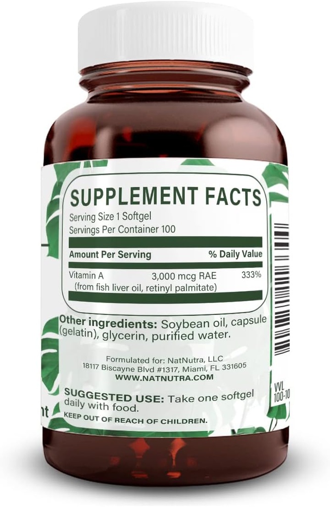 Natural Nutra Vitamin A 10.000 IE Softgels - High Potency Eye and Skin Vitamins - Gluten-Free - Supplement for Sight & Skin Health - Fish Liver Oil for Men and Women, Gluten Free 100 Softgels (3 Pack)