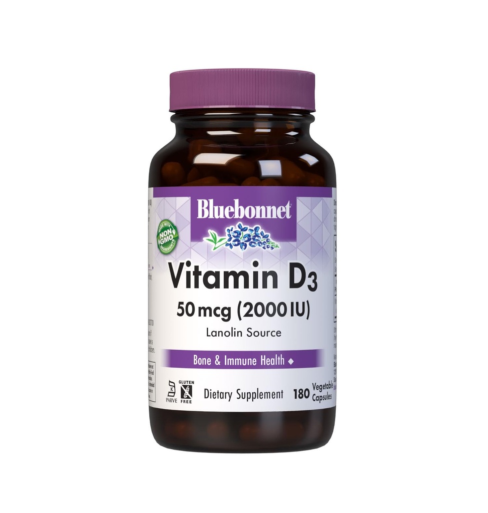 Bluebonnet Nutrition Vitamin D3 2000 IE Vegetable Capsule, Aid in Muscle and Skeletal Growth, Cholecalciferol från Lanolin, D3, Non GMO, Gluten Free, Soy Free, Milk Free, Kosher, 180 Vegetable Capsule