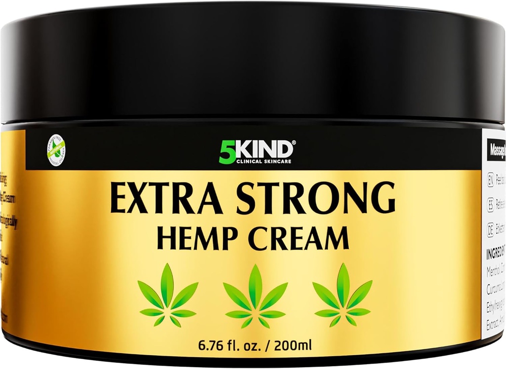 5kind Extra Strong Hemp Cream 6,76 fl oz- Maximal Styrka - Naturlig lugnande lättnad Joint Cream - Muscle Rub för lägre rygg, gemensamma, hals, knän och axlar
