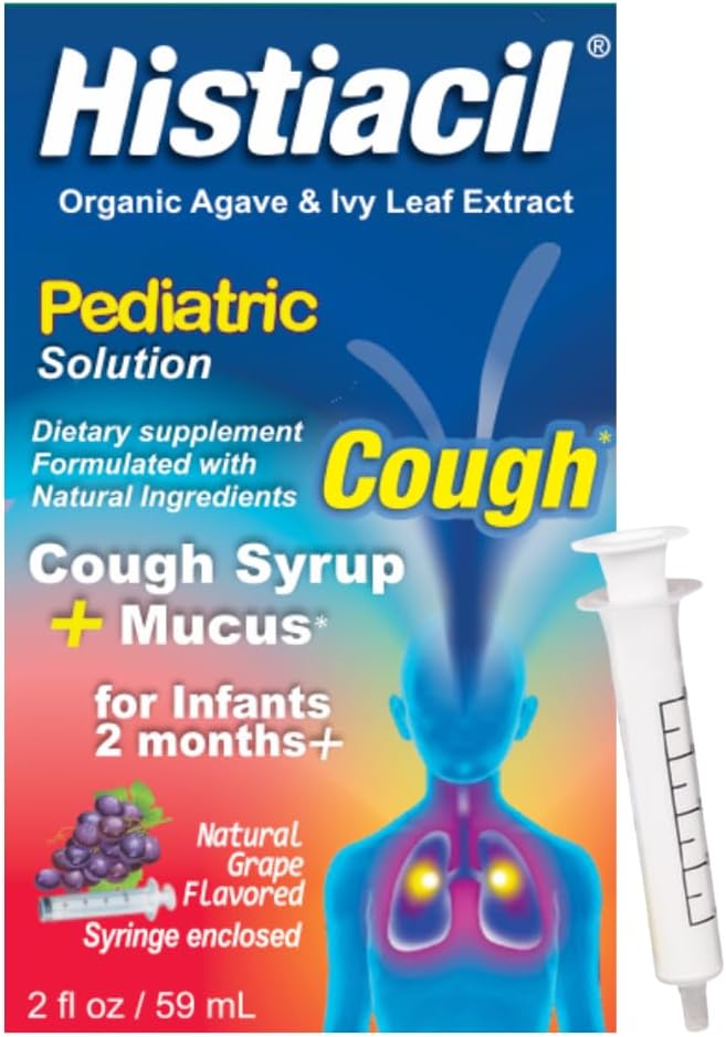 Histiacil Organic Agave Jarabe para TOS, Infants 2 Months and Older, Cough + Mucus Relief Made with Agave & Ivy Leaf Extract, Pediatric Formula for Children's Daytime Mucus Grape Flavor, 2 fl oz